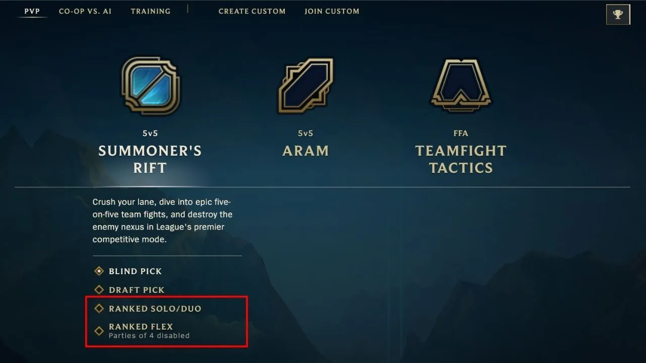 Image depicting ranked Summoner's Rift options in League of Legends