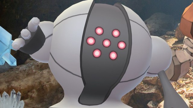 Registeel pointing towards the camera in a cave.
