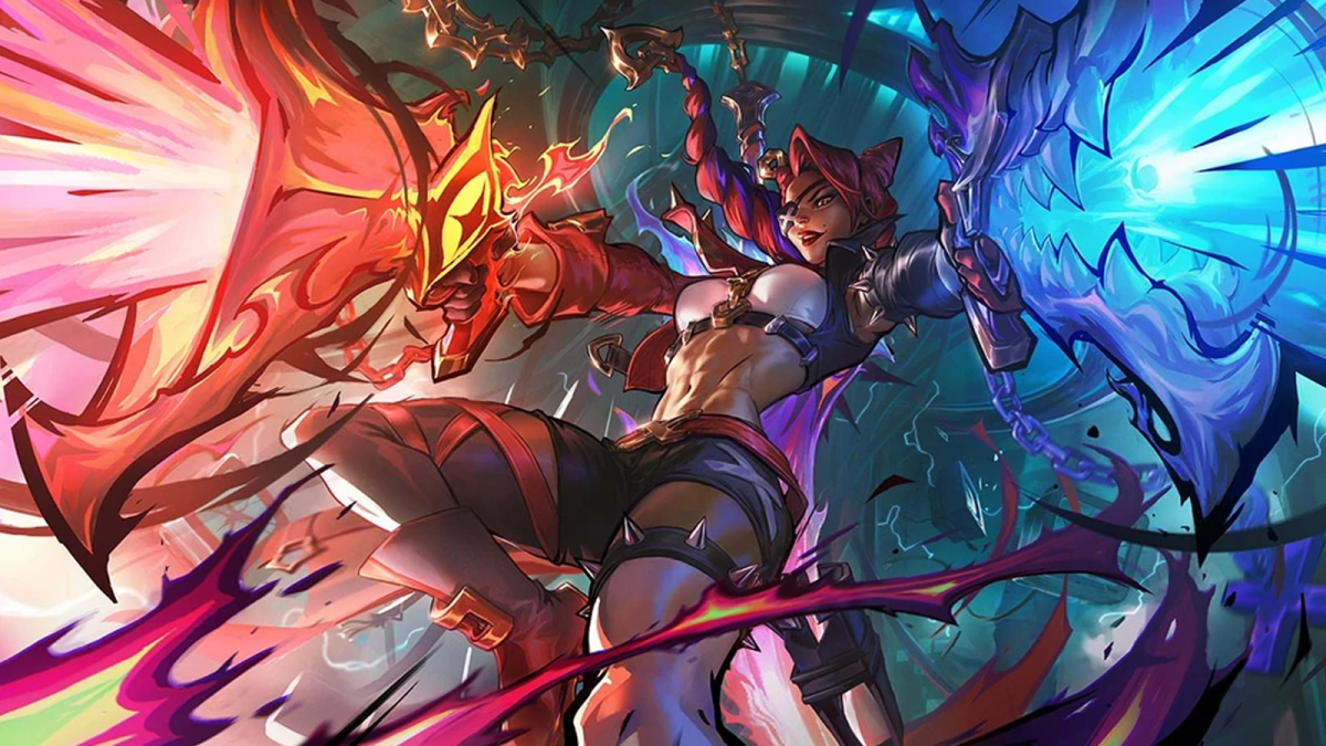 Soul Fighter Samira shoots a red gun and a blue gun while diving in League of Legends