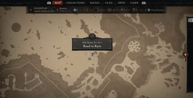 The location of the Road to Ruin quest on the Diablo 4 map.