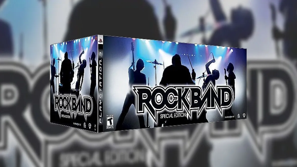 An image of the special edition of Rock Band with the peripherals included.
