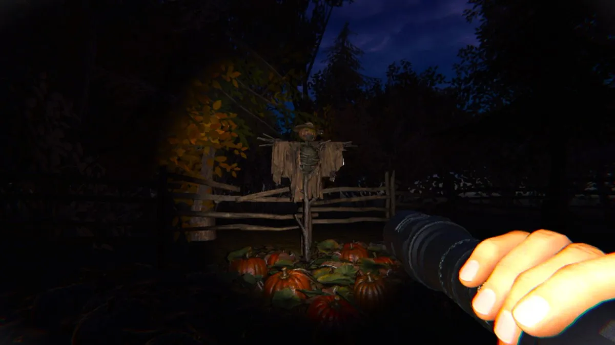 A scarecrow in front of some pumpkins outside of Grafton Farmhouse in Phasmophobia.