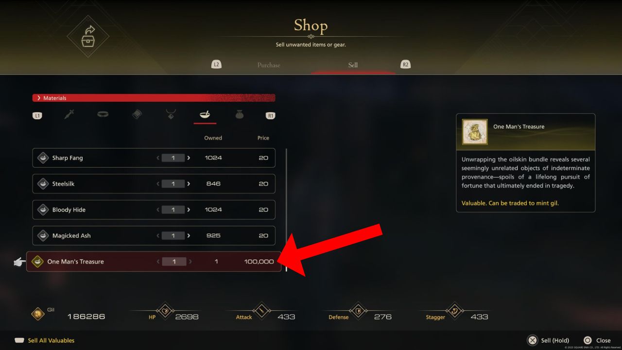 An image of the merchant's sell page with an icon and item called One Man's Treasure in FF16