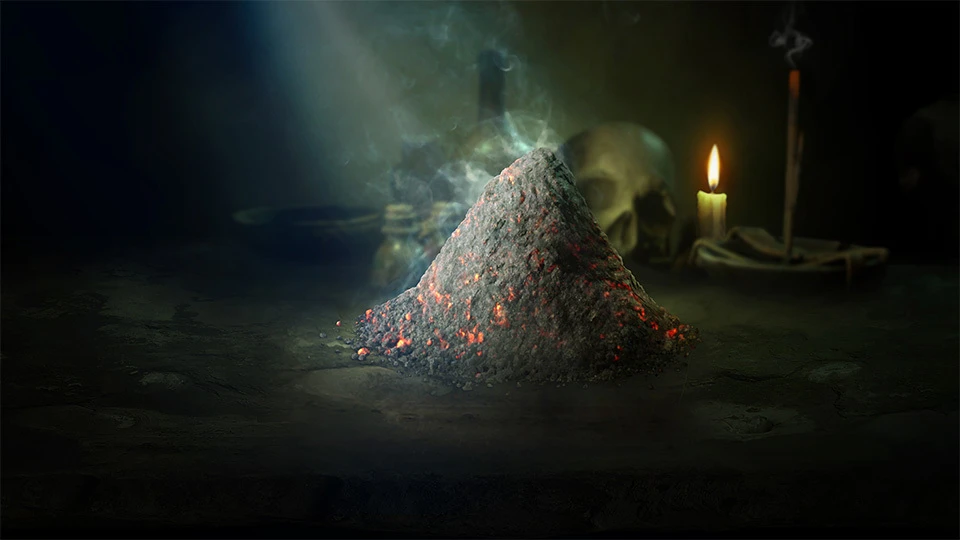 A pile of Smoldering Ashes, the new resource earned from the Diablo 4 seasonal pass, on a table.