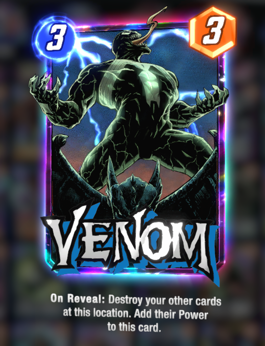 O cartão Venom em Marvel Snap, com sua descrição abaixo