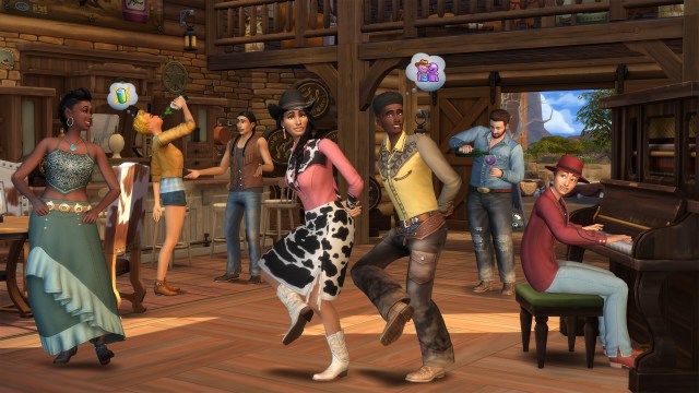 Sims dressed in cowboy outfits dancing in a barn