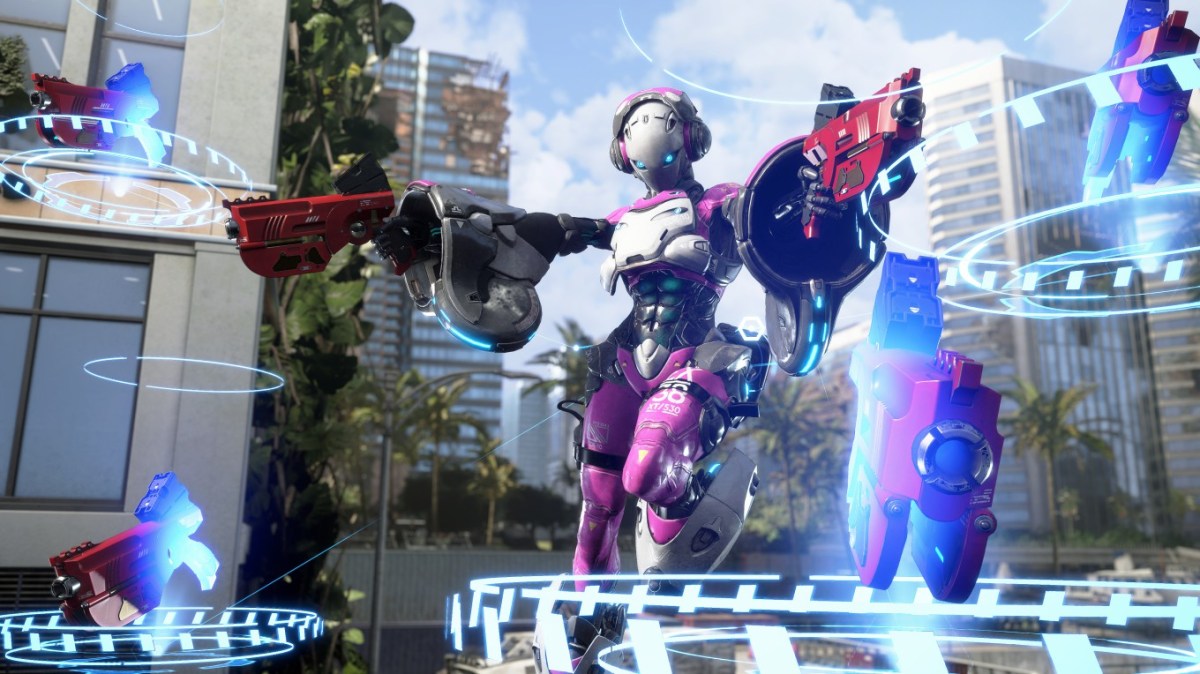 The Nimbus exosuit in Exoprimal, with four weapons hovering and two pistols held by a pink and white character.
