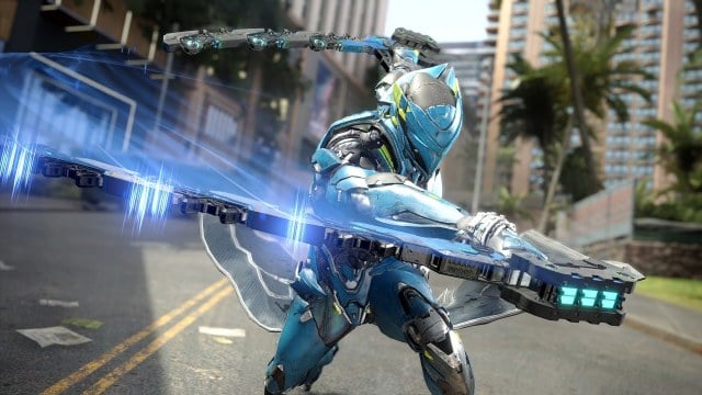 A blue Zephyr exosuit in Exoprimal, wielding a close-range weapon in an urban landscape.