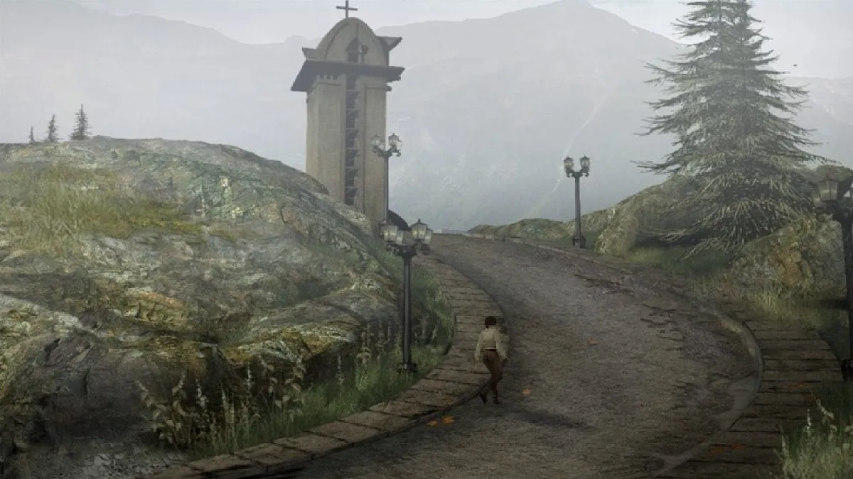 An image of the main character traveling up a road in Syberia.