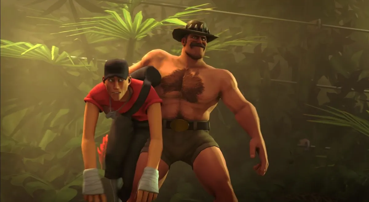 Saxton Hale holding Scout with one arm.