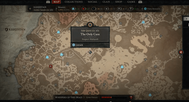 The location of The Only Cure quest on the Diablo 4 map.