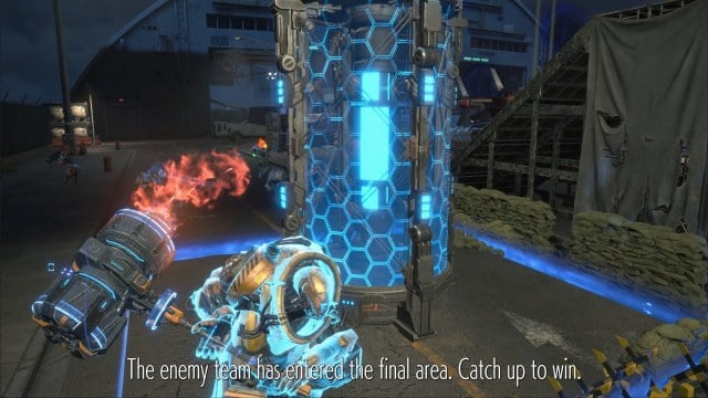 A player in Exoprimal wielding the flaming Omega Hammer and attacking a target in the Omega Charge game mode.