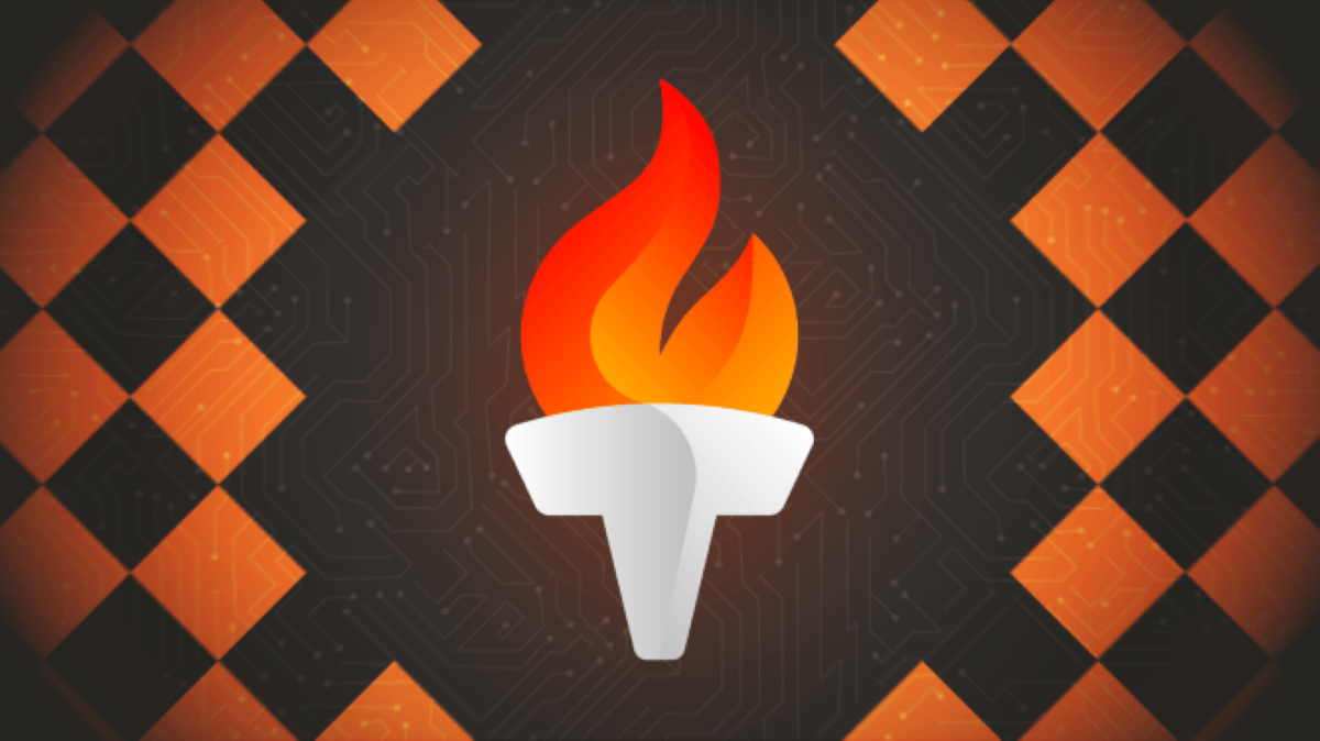 An artistic image of a white torch, lit by flames, on a background of orange and black.
