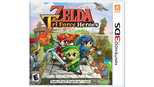 The 3DS box art of the 2015 release "The Legend of Zelda: Tri Force Heroes"