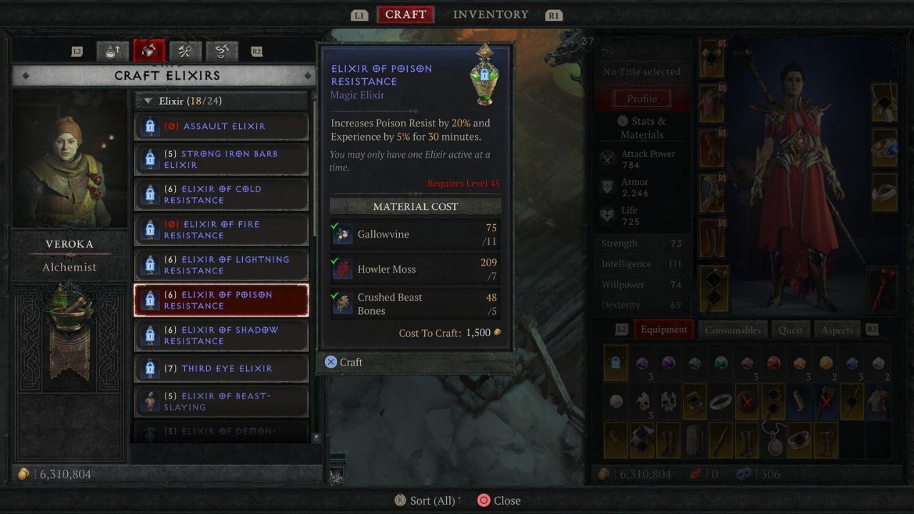 Vendor's craftable elixirs with names of ingredients and cost in Diablo 4