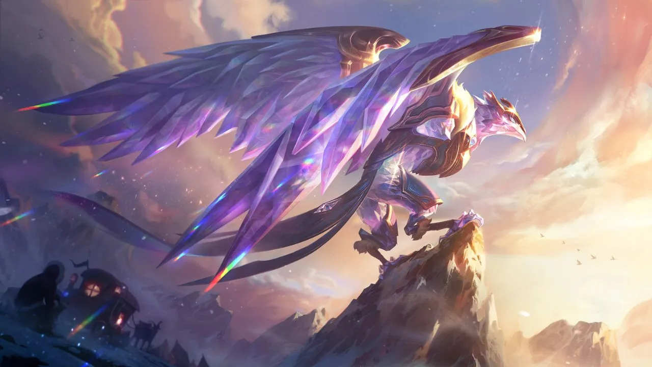 A giant sparkling bird standing on top of a rock in League of Legends