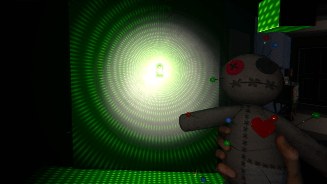 The player holding a Voodoo Doll and looking towards a Dots Projector in Phasmophobia.