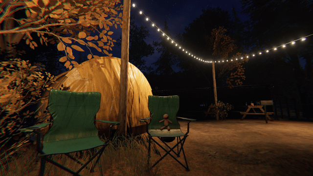 The Voodoo Doll sitting in a camp chair on under string lights in the Maple Lodge Campsite map. 