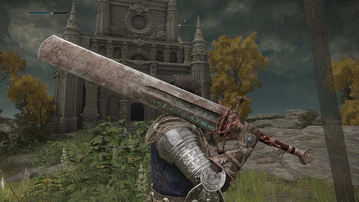 An image of the player character holding up the Marais Executioner's Sword in Elden Ring.