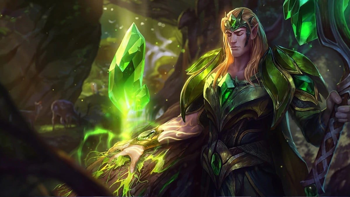Emerald Taric from League of Legends prays while healing a tree root.