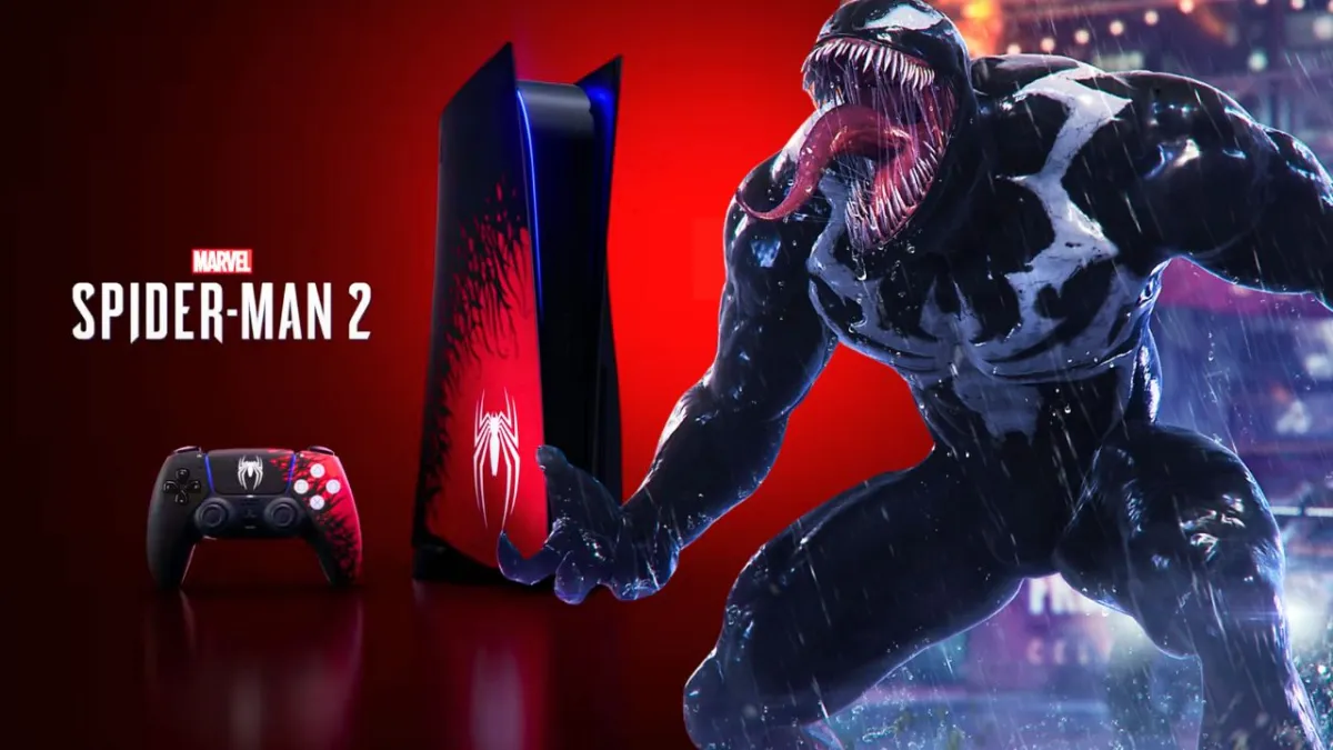 An image of a PlayStation console and a large black and silver alien man with lots of teeth from Spider-Man 2