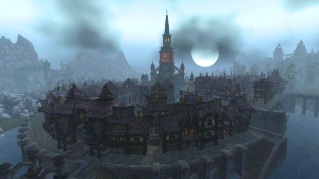 A large tower surrounded by rings of houses next to a full moon in WoW