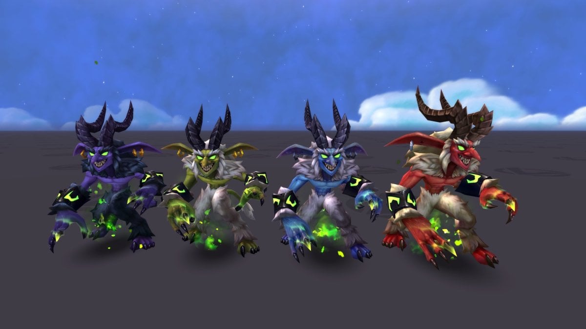 A picture of four imps in World of Warcraft. One purple, one green, one blue, and one red.