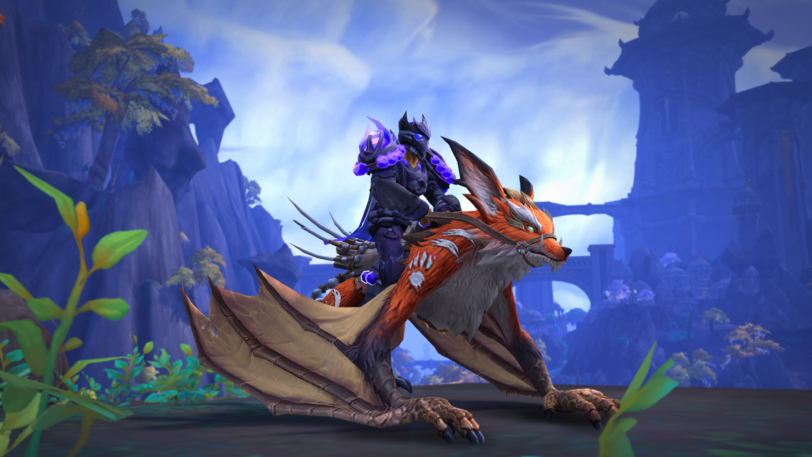 Un personaje de World of Warcraft sentado sobre una montura de dragón