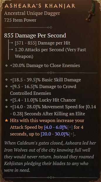 The Asheara's Khanjar unique dagger, providing a boost to basic skill damage, damage to crowd controlled enemies, lucky hit chance and movement speed after killing an elite.