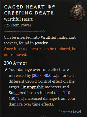 The Caged Heart of Creeping Death item in Diablo 4, showing its benefits and effects.