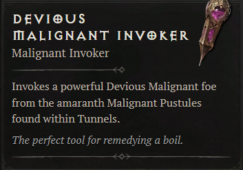 The Devious Malignant Invoker in Diablo 4 and its description.