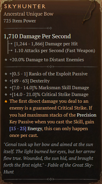 The Skyhunter bow in Diablo 4, providing additional ranks of Exploit Passive, and an increase to Dexterity, Marksman skill damage and critical strike damage.
