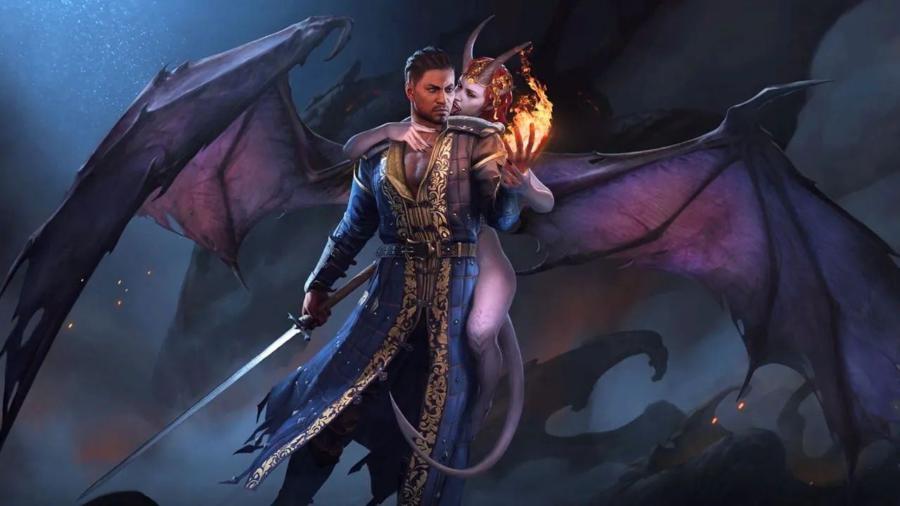 A man wielding a flame being hugged by a woman with horns and wings in Baldur's Gate 3