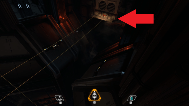 Two parallel ziplines lead to a door. A red arrow points to it.