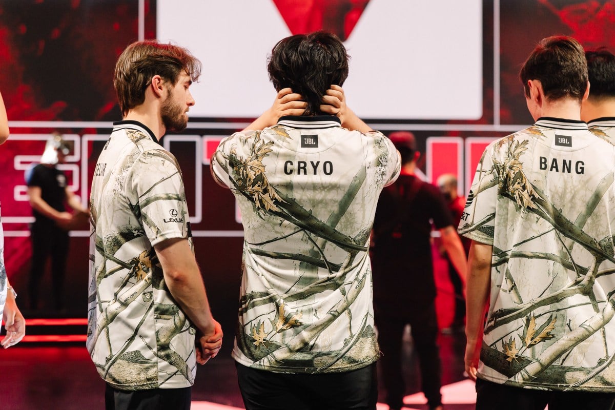 Brenden "stellar" McGrath, Matthew "Cryocells" Panganiban and Sean "bang" Bezerra of 100 Thieves onstage after loss to Sentinels during 2023 VCT Americas Last Chance Qualifier.
