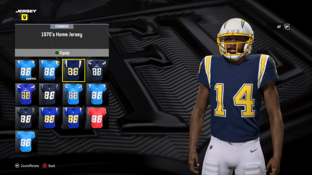 A custom player in Madden 24 wearing the Los Angeles Chargers 1970 Jersey.