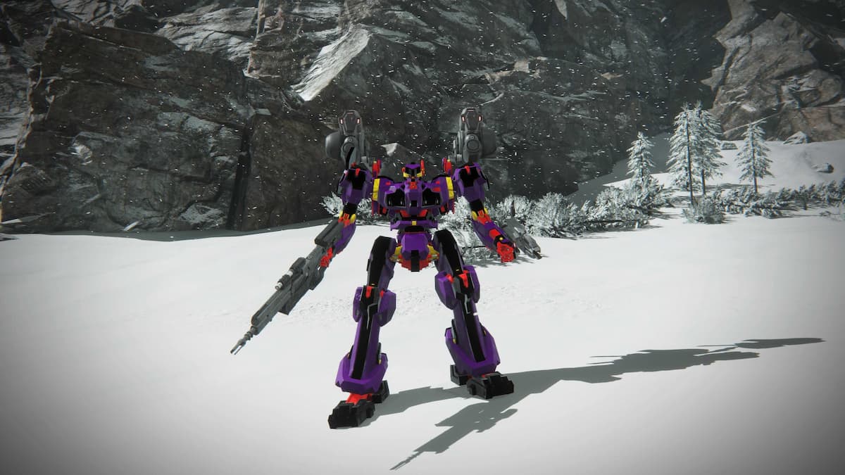 An Armored Core painted like EVA unit one standing neutrally in a snowy, mountainous region in Armored Core 6.