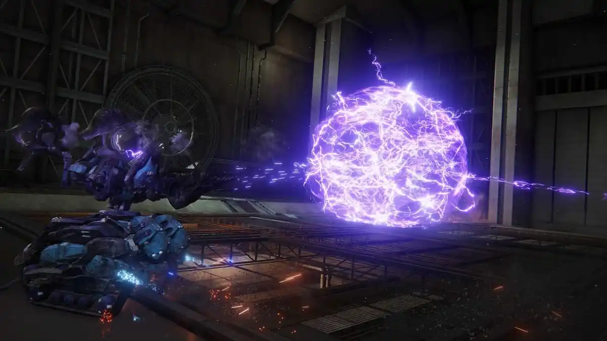 A tanky Armored Core fighting a large mech firing plasma rifles at it. the mech is engulfed in a circular, purple explosion that's crackling with energy in Armored Core 6.