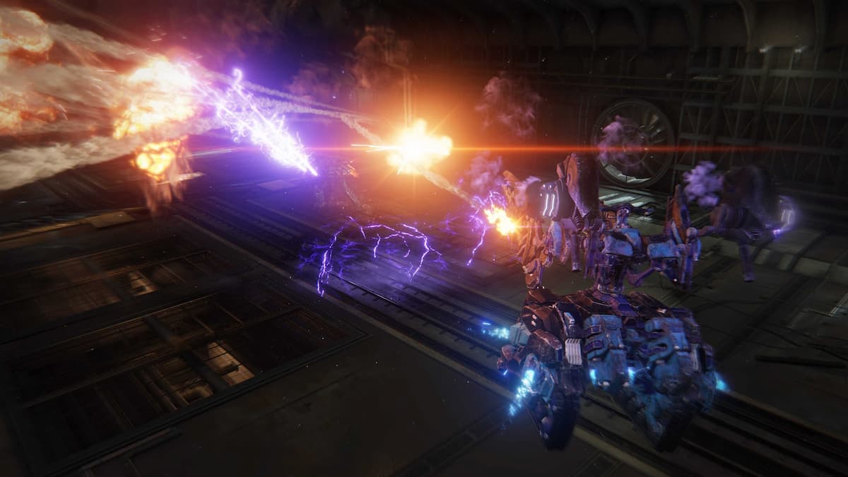 a tank AC flying above a large mech, firing plasma rifle at it