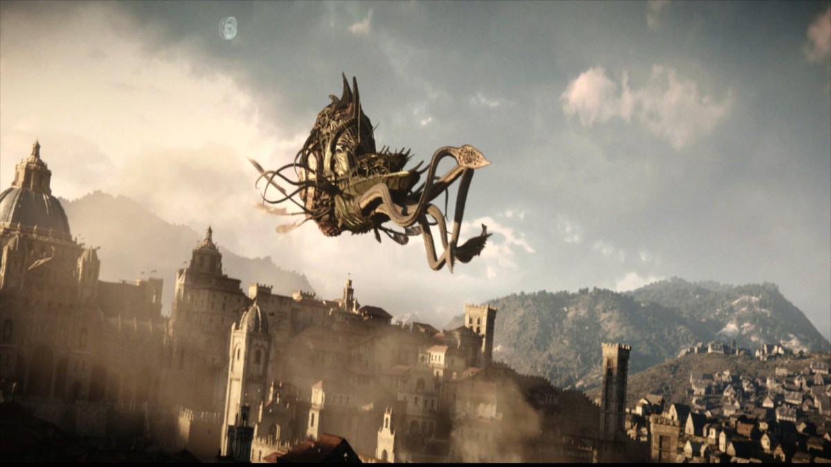 A Nautilod ship flies over the city of Baldur's Gate in Baldur's Gate 3.