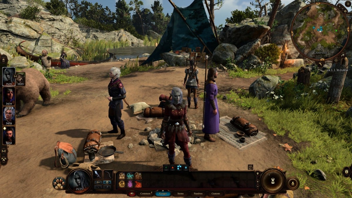 A player camping in Baldur's Gate 3 near a river with Astarion, Shadowheart, Gale, and a bear.