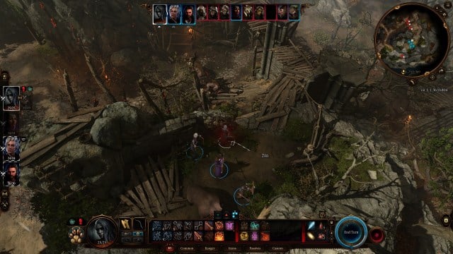 A battle in Baldur's Gate 3 sees a party against a group of Goblins, surrounded by a wooden wall.