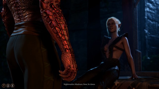Minthara the Drow is shown before a romance scene with a Dragonborn character.