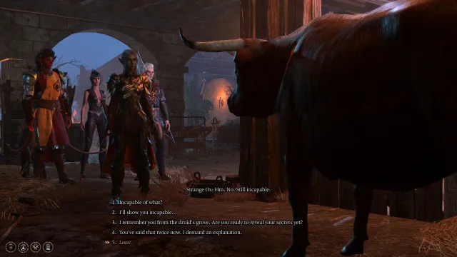 A Baldur's Gate 3 party speaking with an Ox, dialogue options are shown on screen