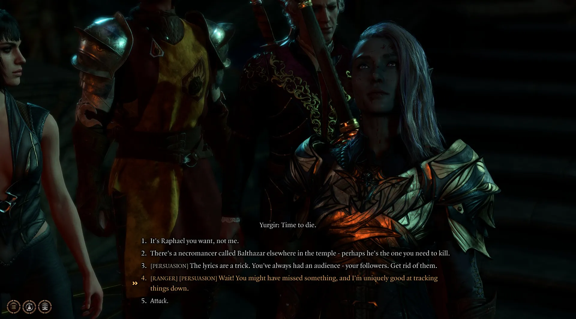 A Drow in Baldur's Gate 3 is shown interacting with an off-screen character.