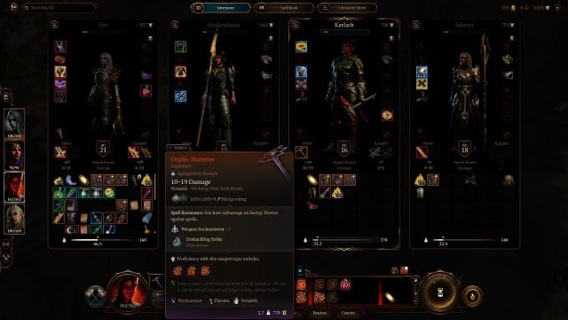 A party screen in Baldur's Gate 3 with the Orphic Hammer weapon highlighted.