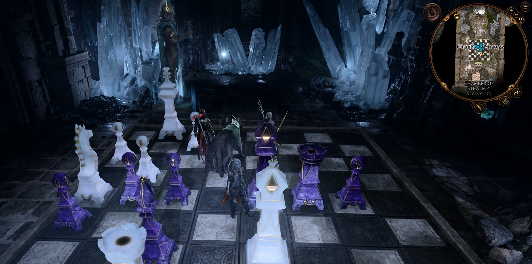 A party in Baldur's Gate 3 stands on a giant chessboard.