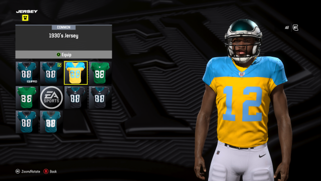 A custom player in Madden 24 wearing the Philadelphia Eagles 1930's jersey.