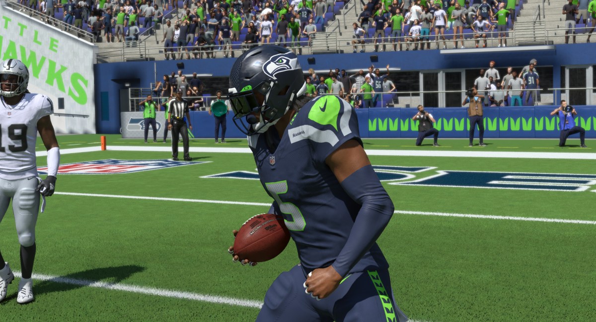 A player in Madden 24 celebrates an interception.