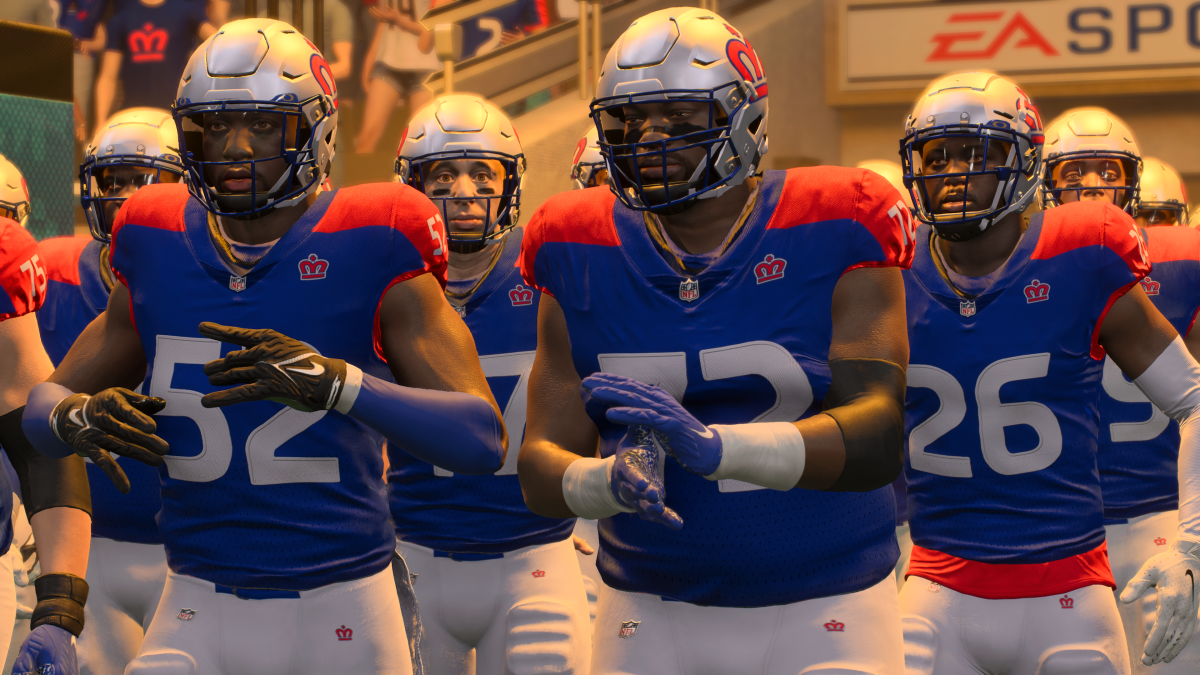 A Franchise team in Madden 24, the London Monarchs, entering the game.